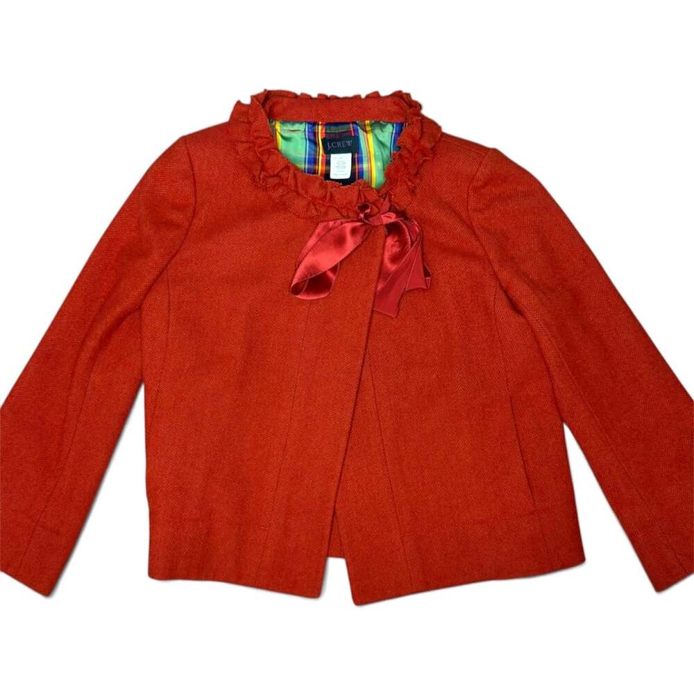 J.Crew Cheshire Herringbone Wool Ruffle Tie Neck Jacket Red/Orange RN77388